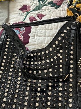Black Studded Patent Shoulder Bag with Crystal Accents